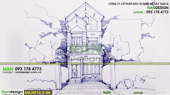 Phương án sơ phát kiến trúc mặt tiền nhà phố 2 tầng mái thái