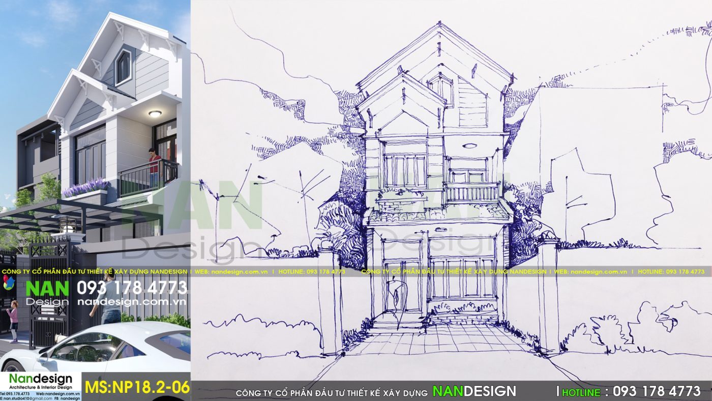 phát thảo diễn họa vẽ tay và phần thiết kế 3d ngoại thất nhà phố mặt tiền 5m