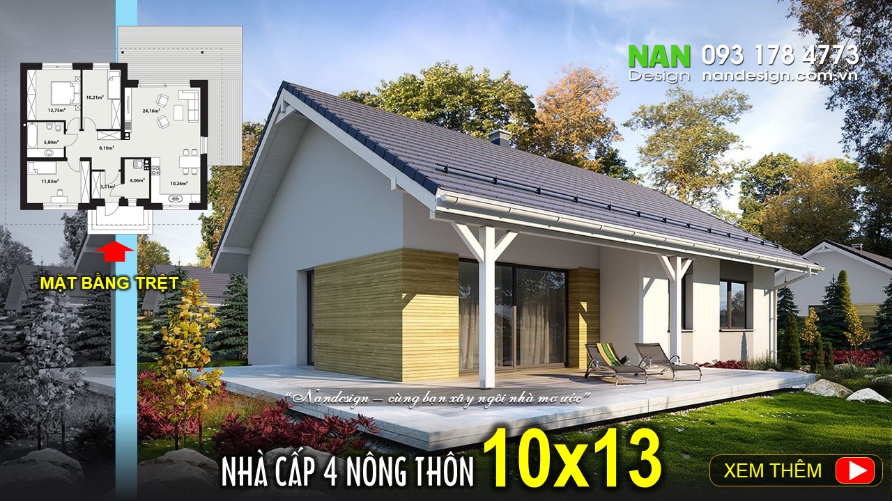 Mẫu Nhà Cấp 4 Nông Thôn Đẹp 10x13m Mái Ngói | Nandesign