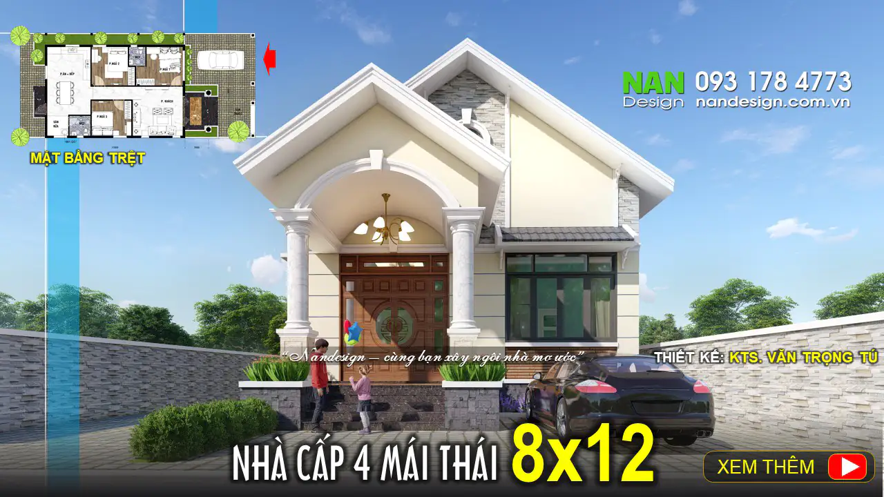 Mẫu Nhà Cấp 4 8x12m Mái Thái Với 3 Phòng Ngủ