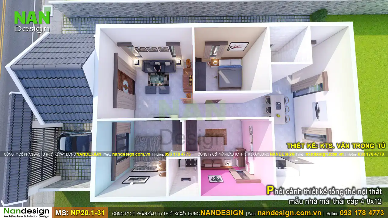 Mẫu Nhà Cấp 4 8x12m Mái Thái Với 3 Phòng Ngủ | Nandesign