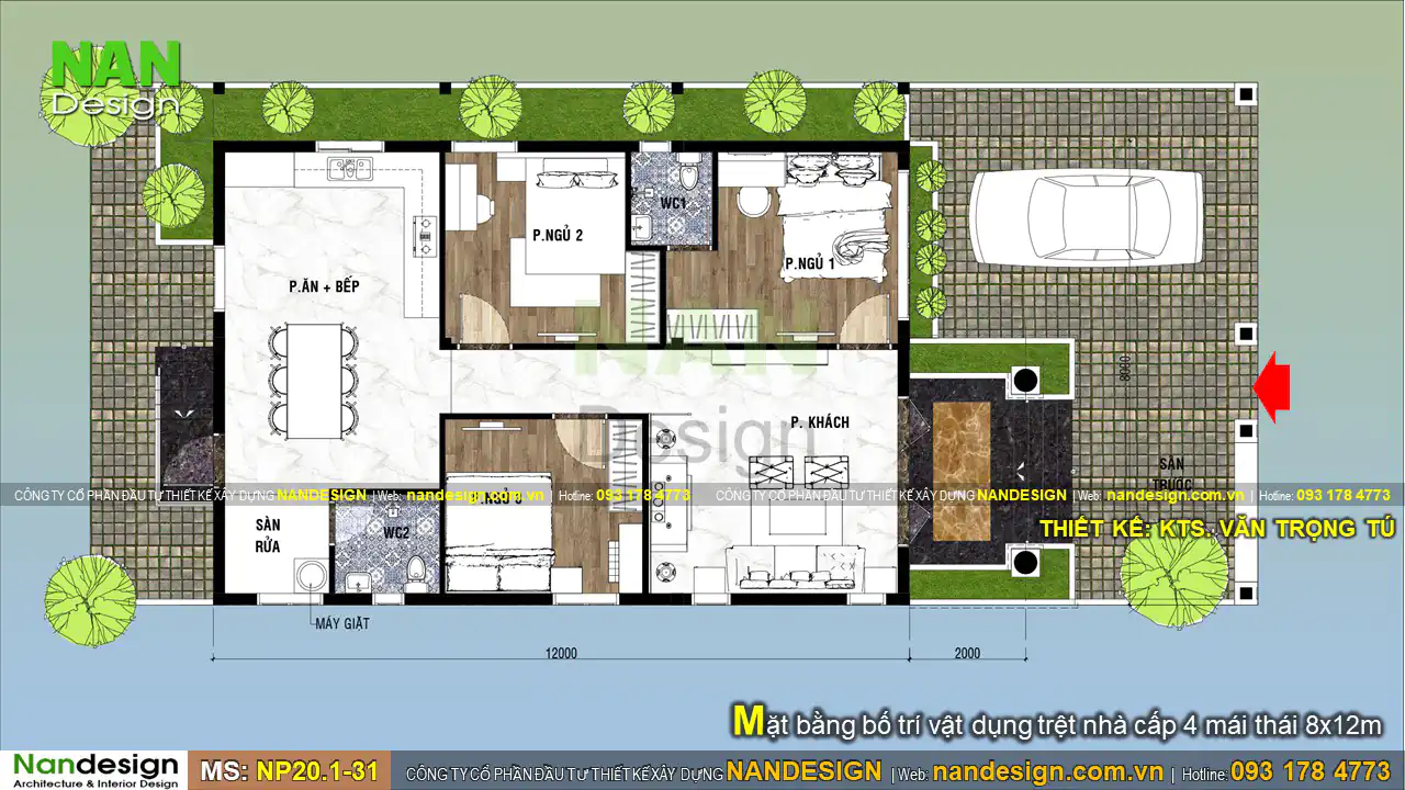 Mẫu Nhà Cấp 4 8x12m Mái Thái Với 3 Phòng Ngủ | Nandesign