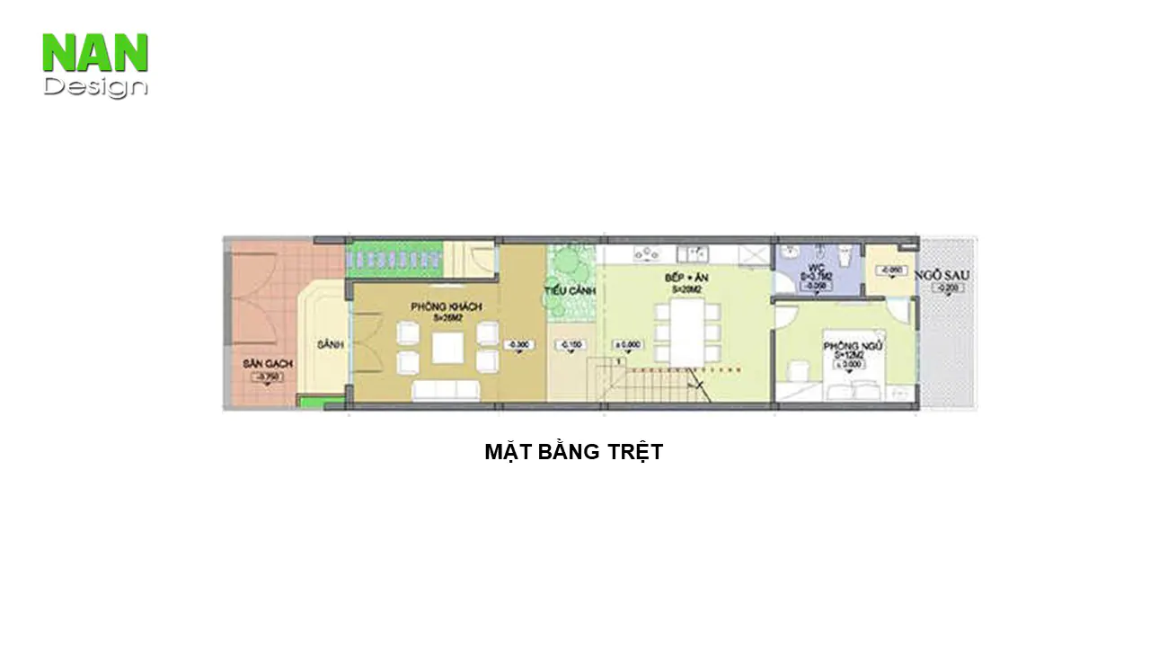 Bản vẽ mặt bằng trệt mẫu nhà phố 2 tầng 5x20 hiện đại với 3 phòng ngủ tiện nghi