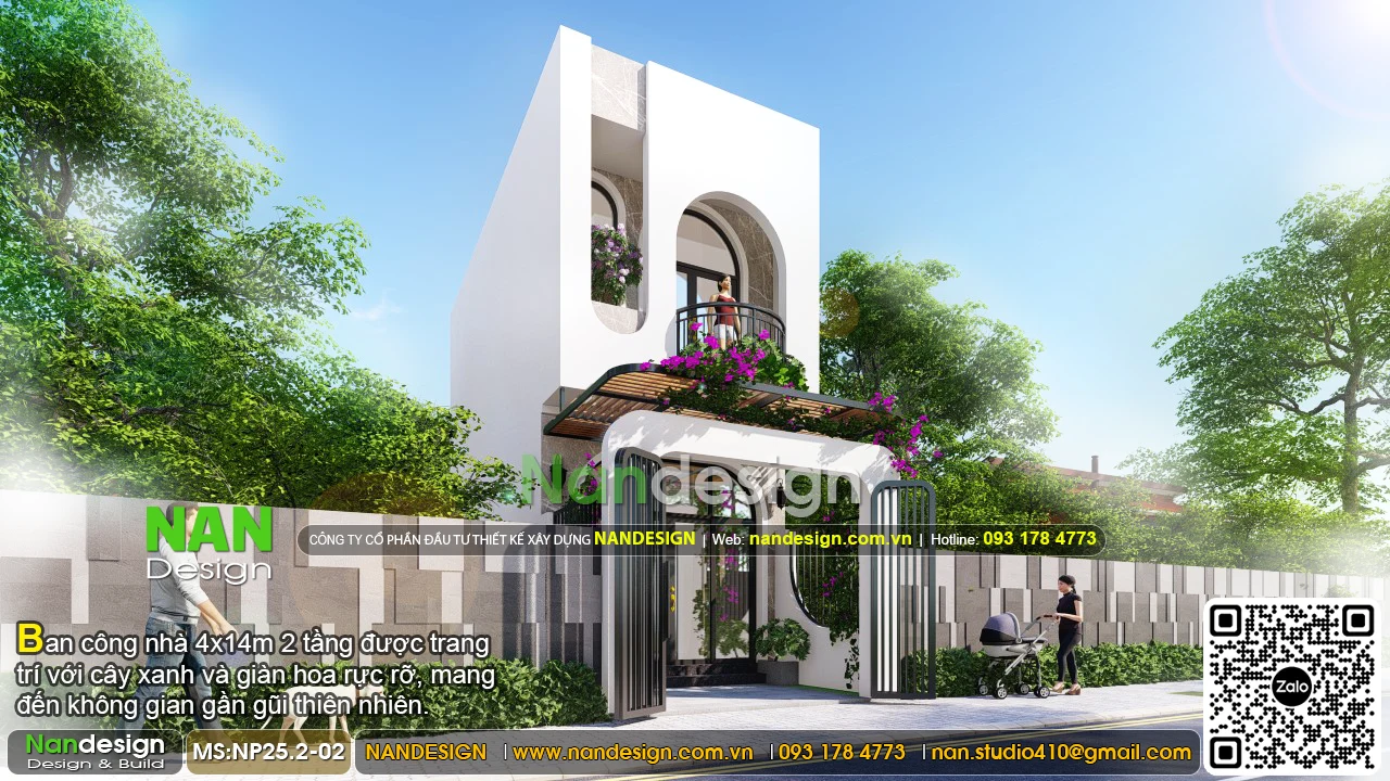 Ban công nhà 4x14m 2 tầng được trang trí với cây xanh và giàn hoa rực rỡ, mang đến không gian gần gũi thiên nhiên.