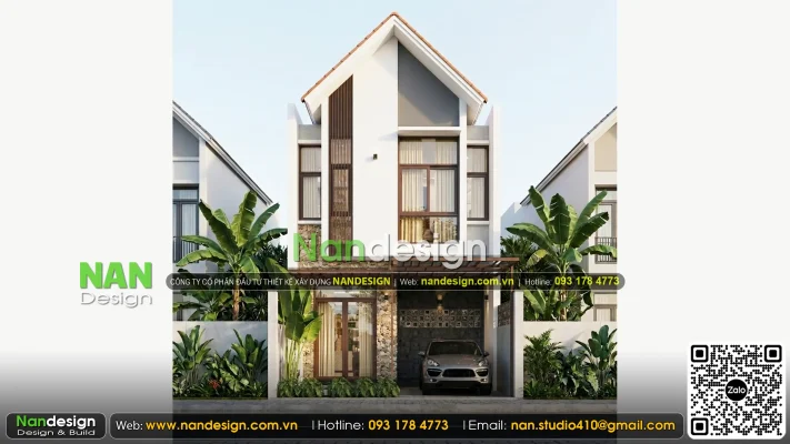 Mặt tiền mẫu nhà 6x12m 2 tầng hiện đại với hệ mái chữ A cao ráo thanh thoát