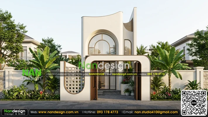 Mặt tiền 5m nhà gác lửng 5x15 đẹp ấn tượng hệ mái vòm cong mềm mại kết hợp cửa kính lớn hình vòm